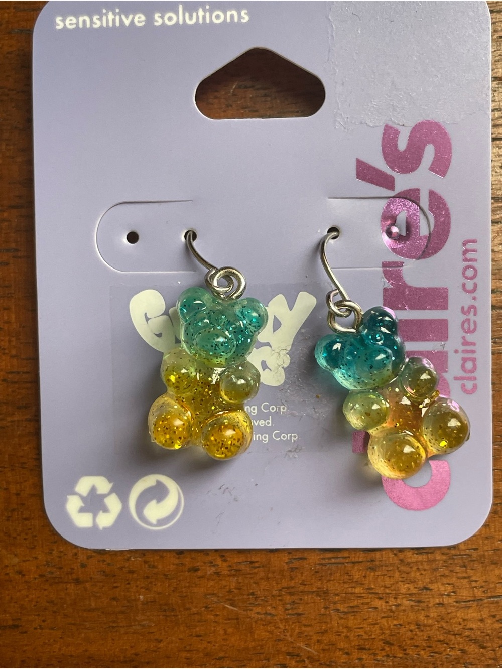 Bundle 3/$12. Claire's Glitter Gummy Bear Earrings - Teal & Yellow